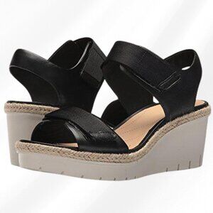 Clarks Palm Shine Black Leather Wedge Sandals 9 Espadrille Comfort